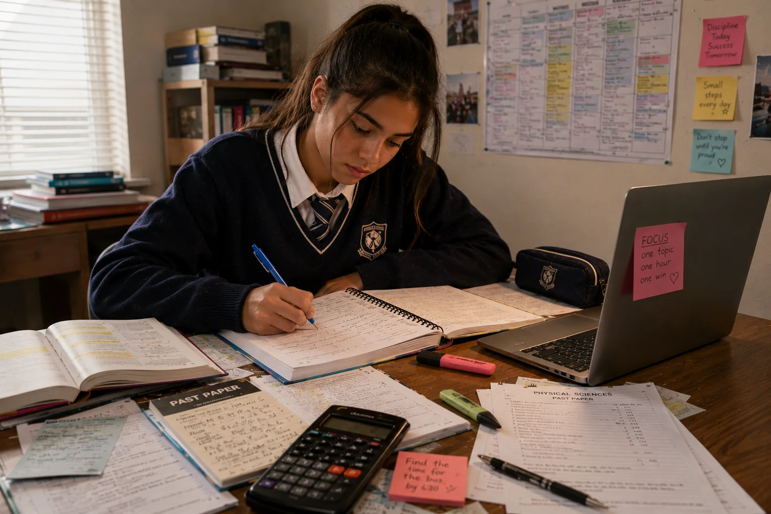 Grade 12 learner studying at a desk with past papers and notes